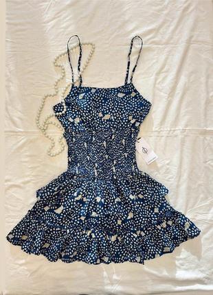Stradivarius новое (с биркой) женское синее платье в горошек, летний сарафан на резинке с открытой спинкой, размер xs/s