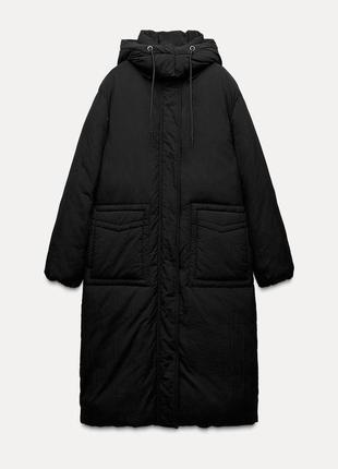 Длинный стеганый анорак черный пуховик zara new
