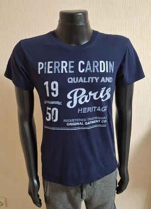 Хлопковая футболка синего цвета с фирменным принтом pierre cardin made in bangladesh