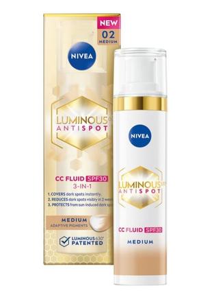 Тонувальний флюїд nivea luminous630 3 в 1 середній 02 medium spf 30 40 мл (9005800379661)