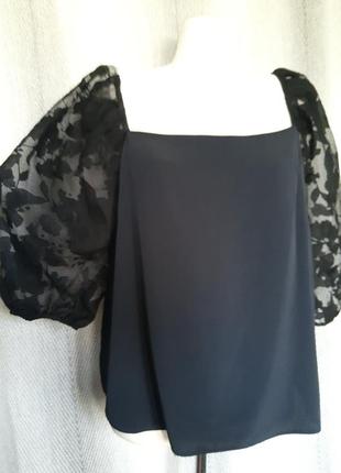 Женская черная блуза объемный рукав, нарядная праздничная вечерняя блузка.