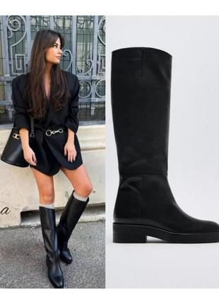 Жіночі шкіряні чоботи zara чорні чоботи високі чорні ботфорти труби чоботи на низьких підборах кежуал