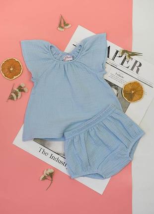 Костюм комплект муслин 62, 68, 74, 80 см для девочек шорты+ футболка