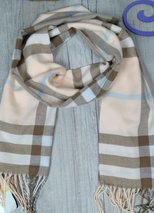 Женский шарф демисезонный бежево коричневый в клетку с бахромой 174х33 см3 фото