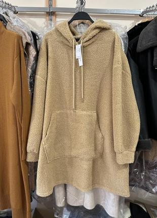Дуже тепла кофта кенгуру оверсайз плюшева подовжена з капюшоном тедді topshop