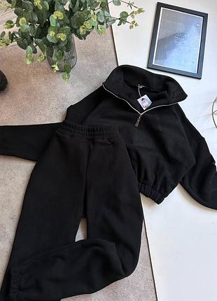 Костюм спортивний жіночий світшот флісовий на блискавці штани на високій посадці з кишенями якісний стильний однотонний чорний