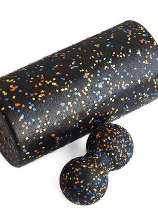 Масажний набір rollerua мфр гладкий ролик 30х15 см та подвійний м'яч 16х8 см black