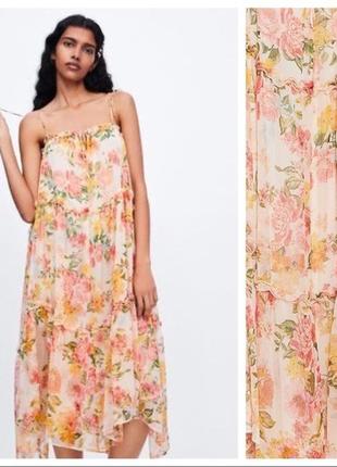 Платье платье миди в цветочный принт новенькое zara xs-s