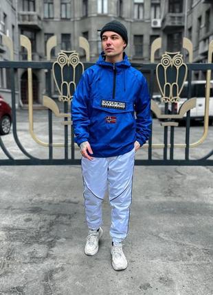 Синий мужской анорак napapiji с капюшоном, стильная демисезонная куртка с плащевки xl