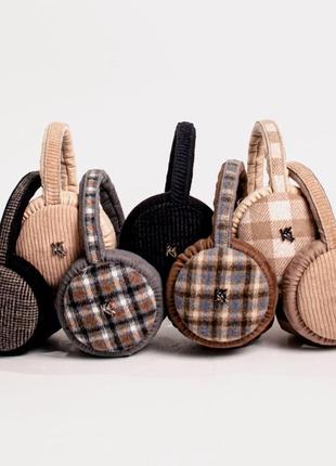 Теплые наушники зимние замш, черный+клетка черно-коричневая