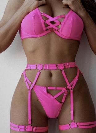 Комплект спідньої білизни, неоновий набір трусики, бюстгальтер і пояс із гартерами на шнурівці, на фотосесію