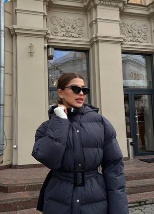 Куртка пуховик с поясом капюшоном графит зима