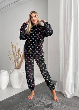 Тепла жіноча піжама для дому з двосторонньої махри велсофт повсякденний теплий костюм для жінок