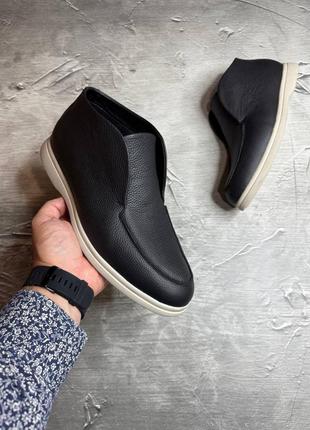 Ботинки зимние лоферы мужское кожаные loro piana leather! натуральная кожу + мех! лоферы мужские черные кожаные на меху!