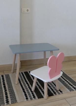 Комплект стіл та стул дитячий childwood - set  стіл сірий прямокутний + стілець білий рожевий метелик