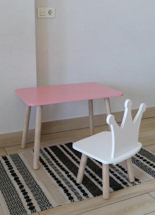 Комплект стіл та стул дитячий childwood - set  стіл рожевий прямокутний + стілець білий корона  (фанера)
