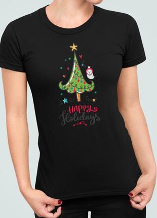 Женская новогодняя футболка с принтом happy holidays ёлка