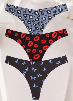 Набір 3 шт жіночі безшовні трусики стрінги з принтом
