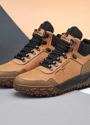 Мужские теплые стильные зимние рыжие ботинки-полуботинки кожаные, светло-коричневые, противоскользящая подошва