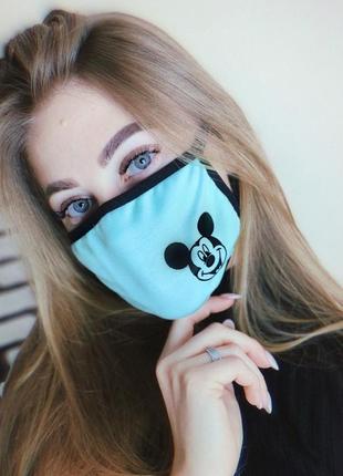 Маска защитная тканевая черно-бирюзовая, с рисунком mickey mouse