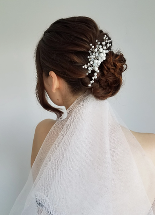 Серебряный гребень в волосы, заколка для волос на наряде белые бусины, украшение в прическу