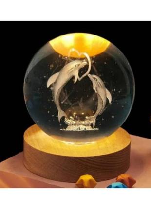 Декоративный хрустальный шар 3d ночник crystal ball "дельфин" на подставке с usb