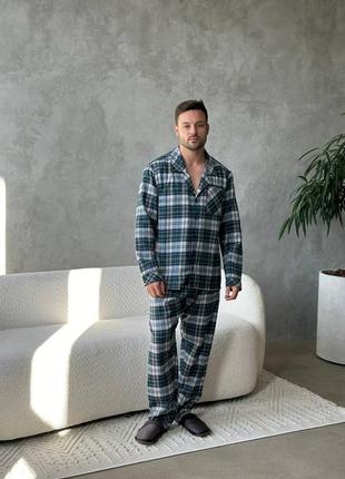Чоловічий домашній зелений костюм піжама у клітину фланель family look сорочка довгий рукав на гудзиках штани