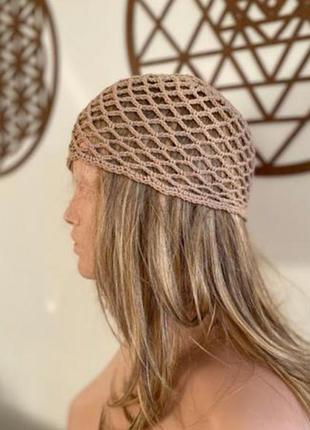 Шапочка кроше сетка ажурная, вязаная из натуральной пряжи, молочная, черная, салатовая в наличии.