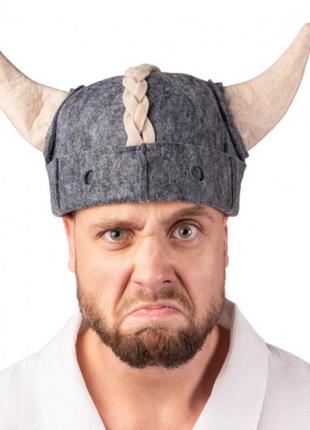 Шапка для бани сауны viking с рогами серая