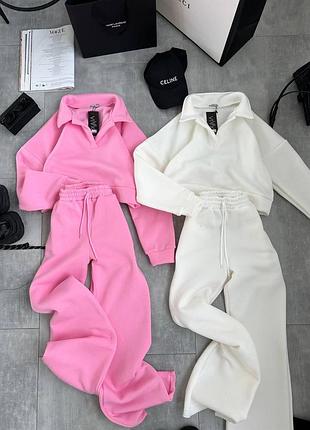 Костюм жіночий спортивний светр кофта з коміром штани брюки палаццо теплий фліс