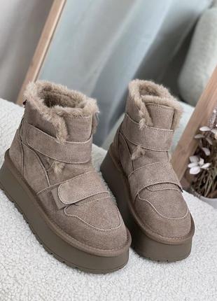 Уггі черевики на липучках замшеві з хутром зимові на платформі чорні хакі бордові жіночі