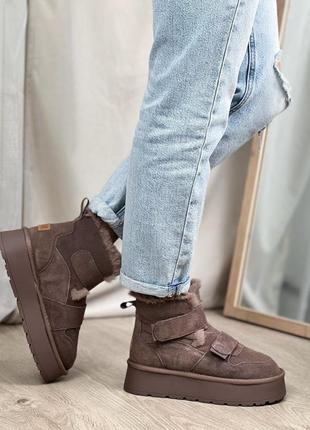 Уггі черевики на липучках замшеві з хутром зимові на платформі чорні хакі бордові жіночі