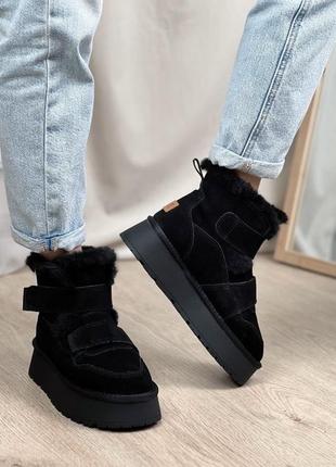 Уггі черевики на липучках замшеві з хутром зимові на платформі чорні хакі бордові жіночі