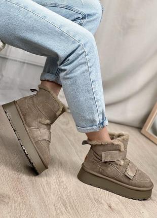Уггі черевики на липучках замшеві з хутром зимові на платформі чорні хакі бордові жіночі