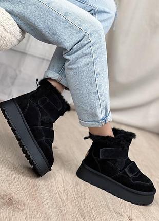 Уггі черевики на липучках замшеві з хутром зимові на платформі чорні хакі бордові жіночі