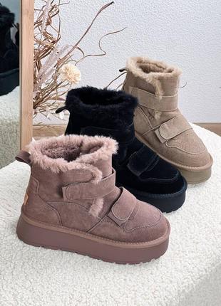 Уггі черевики на липучках замшеві з хутром зимові на платформі чорні хакі бордові жіночі