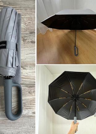 Зонт ручка-карабин, автомат, водоотталкивающий, черный, серый, мужской, женский.