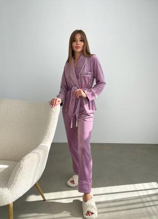 Плюшева рожева піжама костюм для дому короткий халат + штани плюш велюр