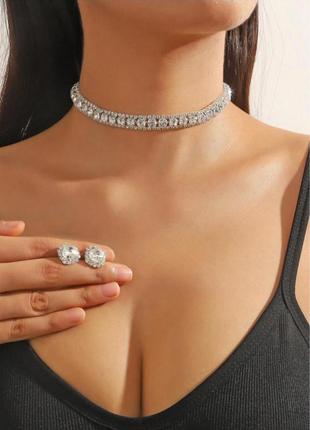 Набор женский серьги и колье с камушками fashion jewelry серебристый