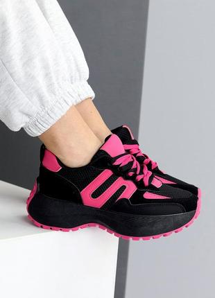 Гламурні літні кросівки, жіночі кроси, чорні з рожевим, фуксія, еко шкіра, замша...