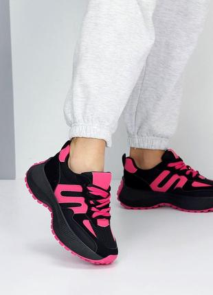 Гламурні літні кросівки, жіночі кроси, чорні з рожевим, фуксія, еко шкіра, замша...