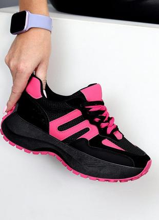 Гламурні літні кросівки, жіночі кроси, чорні з рожевим, фуксія, еко шкіра, замша...