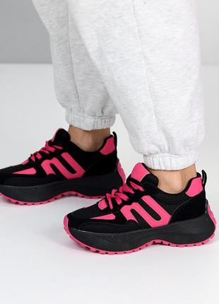 Гламурні літні кросівки, жіночі кроси, чорні з рожевим, фуксія, еко шкіра, замша...