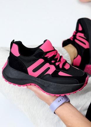 Гламурні літні кросівки, жіночі кроси, чорні з рожевим, фуксія, еко шкіра, замша...