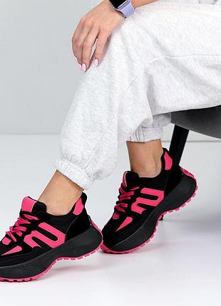 Гламурні літні кросівки, жіночі кроси, чорні з рожевим, фуксія, еко шкіра, замша...