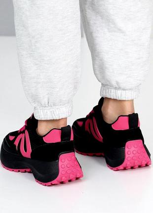 Гламурні літні кросівки, жіночі кроси, чорні з рожевим, фуксія, еко шкіра, замша...