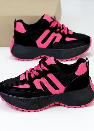 Гламурні літні кросівки, жіночі кроси, чорні з рожевим, фуксія, еко шкіра, замша...