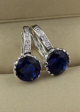 Сережки xuping jewelry з великим синім каменем 2 см сріблясті