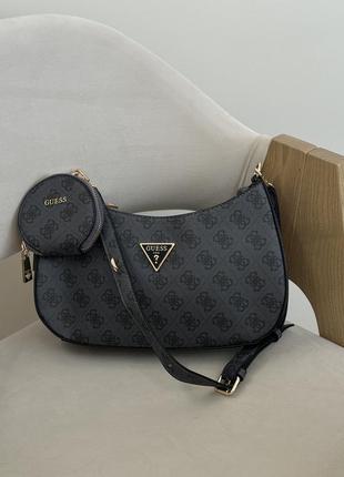 Шкіряна сумка багет в стилі guess сіро блакитна