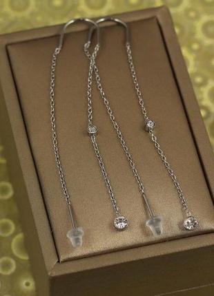 Сережки просувки xuping jewelry камінці на ланцюжку 7 см сріблясті